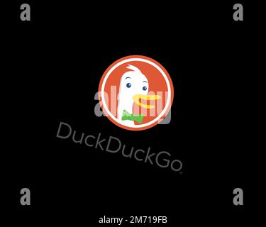 DuckDuckGo, rotated logo, black background B Stock Photo