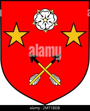 RED HERALDIC SHIELD WITH WHITE FLOWER, STARS AND ARROWS Stock Vector