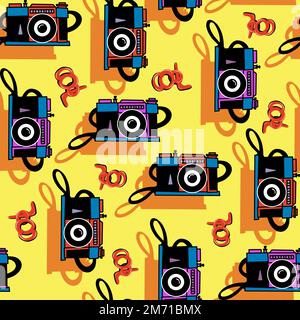 Seamless pattern in the style of y2k Creative. Print in the style of the 90s or 2000s. Retro camera. Stock Vector