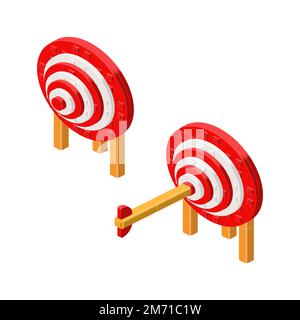 An arrow pierced a target assembled from plastic cubes in isometry. Vector clipart Stock Vector
