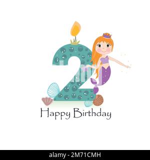 Cute little mermaid second birthday card two candle and marine life Stock Vector