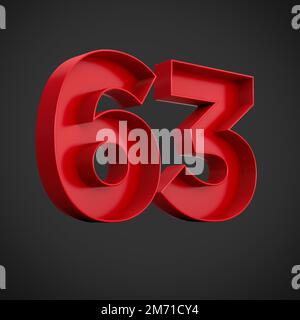 A 3D render of red block digits of the number 63 on a black background Stock Photo