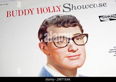 Viersen, Germany - May 9. 2022: Closeup of vinyl record cover of rock n roll singer Buddy Holly Stock Photo
