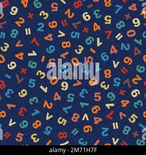 Mathematical seamless vector pattern, numbers and arithmetic symbols on a navy blue background. Vector illustration. Great for textile, school products, packaging, wrapping Stock Vector
