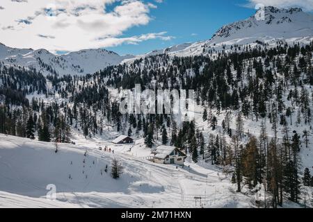 Overview Claviere ski resort in Piedmont in the Alps on the border between Italy and France. Claviere, Italy - December 2022 Stock Photo