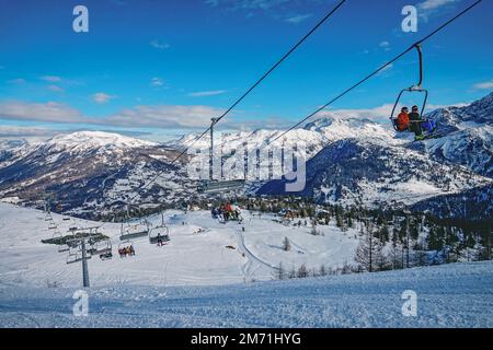 Overview Claviere ski resort in Piedmont in the Alps on the border between Italy and France. Claviere, Italy - December 2022 Stock Photo