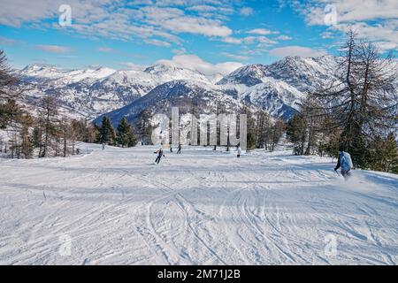 Overview Claviere ski resort in Piedmont in the Alps on the border between Italy and France. Claviere, Italy - December 2022 Stock Photo