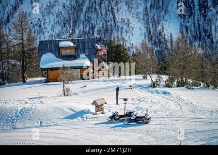 Overview Claviere ski resort in Piedmont in the Alps on the border between Italy and France. Claviere, Italy - December 2022 Stock Photo