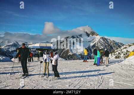 Overview Claviere ski resort in Piedmont in the Alps on the border between Italy and France. Claviere, Italy - December 2022 Stock Photo