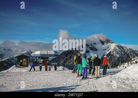 Overview Claviere ski resort in Piedmont in the Alps on the border between Italy and France. Claviere, Italy - December 2022 Stock Photo