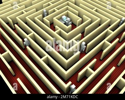 A 3D rendering illustration of a maze with figurines walking on paths, concept of finding solution, challenge and problem solving Stock Photo