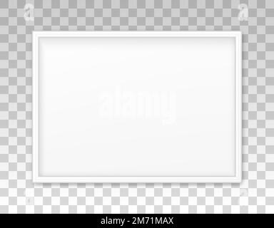 Mockup white frame photo on wall. Mock up picture framed. Horizontal boarder with shadow. Empty photoframe isolated on transparent background Stock Vector
