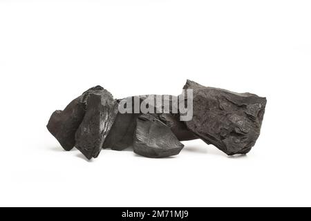 Five pieces of charcoal on a white background with copy space Stock Photo