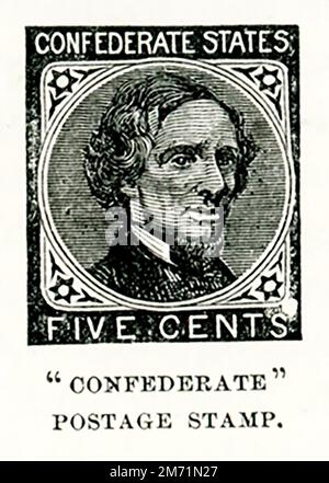 The first Confederate postage issues were placed in circulation in October 1861, five months after postal service between the North and South had ended. Jefferson Davis is depicted on the first issue of 1861. The appearance of a living person on a postage stamp marked a break from the tradition adhered to by the US Post Office, that a person may be depicted on US postage or currency only after death. Jefferson Davis served as the president of the Confederacy from 1861 to 1865. Stock Photo