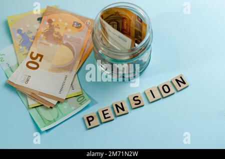 Concept of pension. Fall  reduction pension payments. Retirement. Financing retirees. Reduction of the pension fund. The low size of pensions. Poverty Stock Photo