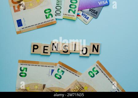 Concept of pension. Fall  reduction pension payments. Retirement. Financing retirees. Reduction of the pension fund. The low size of pensions. Poverty Stock Photo