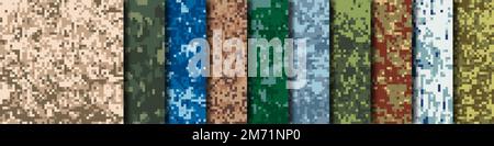 Set of 10 digital camouflage patterns. Abstract modern military textile print background. Vector illustration Stock Vector