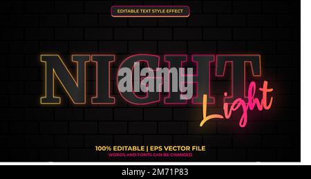 Editable neon light text effect. Night light glowing editable text effect Stock Vector