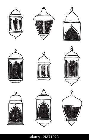 Line Islamic Arabic Lantern Symbol Icon Collection Set. Hand drawn set of lanterns. Vector illustration in doodle style Stock Vector
