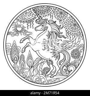 Cute elegant unicorn with flowers. Coloring book page with colorful ...