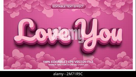 Love you editable text effect with hearts. Love you editable text effect in modern 3d style Stock Vector