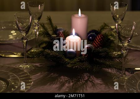 New Year's table. Christmas table setting in a dark key. new year and christmas fairy tale Stock Photo