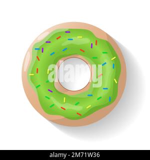 Donut isolated background. Cute donut. Colorful and glossy donut with green glaze and multicolored powder. Realistic vector illustration Stock Vector