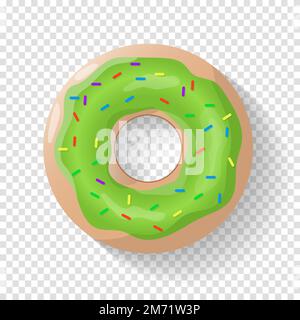 Donut isolated background. Cute donut. Colorful and glossy donut with green glaze and multicolored powder. Realistic vector illustration Stock Vector