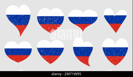 Set of Russia flag icon in the shape of hearts. Vector Russia symbol, icon, button Stock Vector