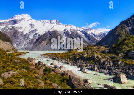 Mueller lake in Hooker valley under Sefton mountain on a way to Mt Cook in New Zealand. Stock Photo