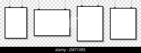 Set of mockups hanging on the wall. Vector poster mockup with white frame. Realistic empty banner. Vector illustration Stock Vector