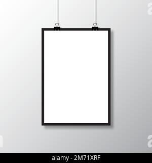Realistic blank white paper hanging on clip. Mockup template. Vertical empty sheet with shadow. Vector illustration Stock Vector