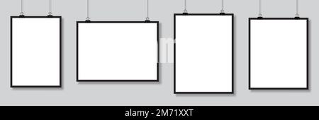 Set of mockups hanging on the wall. Vector poster mockup with white frame. Realistic empty banner. Vector illustration Stock Vector