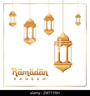 Ramadan Kareem vector card with 3d golden metal lanterns. Ramadan Kareem ads, flyer, invitation, greeting card. Islamic background. Vector illustratio Stock Vector