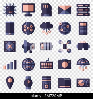 Set of 25 device and technology web icons in flat style. Industry 4.0 concept factory of the future. Collection flat icons of technology. Vector illus Stock Vector