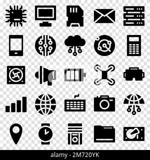 Set of 25 device and technology web icons in solid style. Industry 4.0 concept factory of the future. Collection solid icons of technology. Vector ill Stock Vector