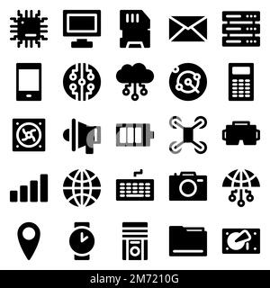 Set of 25 device and technology web icons in solid style. Industry 4.0 concept factory of the future. Collection solid icons of technology. Vector ill Stock Vector