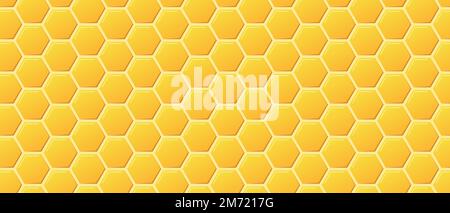 Golden honeyed comb grid texture and geometric hive hexagonal honeycombs. Gold honey hexagonal cells seamless texture. Honeycombs bright background. V Stock Vector