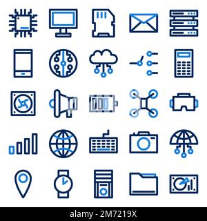 Set of 25 device and technology web icons in line style. Industry 4.0 concept factory of the future. Collection linear icons of technology. Vector ill Stock Vector