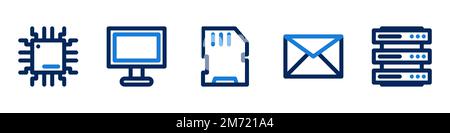 Set of technology icons. Chip, Computer monitor, Storage, Email, Server. Vector illustration Stock Vector