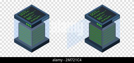 Isometric servers. Data storages. 3D computer equipment. Storage database. Equipment server network. Big data illustration Stock Vector