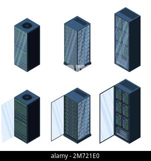 Isometric servers. Data storages. 3D computer equipment. Storage database. Equipment server network. Big data illustration Stock Vector
