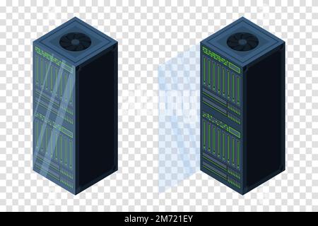 Isometric servers. Data storages. 3D computer equipment. Storage database. Equipment server network. Big data illustration Stock Vector