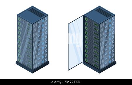 Isometric servers. Data storages. 3D computer equipment. Storage database. Equipment server network. Big data illustration Stock Vector