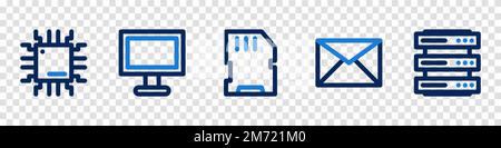 Set of technology icons. Chip, Computer monitor, Storage, Email, Server. Vector illustration Stock Vector