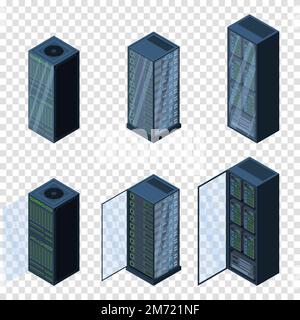 Isometric servers. Data storages. 3D computer equipment. Storage database. Equipment server network. Big data illustration Stock Vector