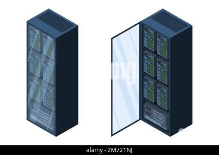 Isometric servers. Data storages. 3D computer equipment. Storage database. Equipment server network. Big data illustration Stock Vector