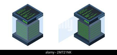 Isometric servers. Data storages. 3D computer equipment. Storage database. Equipment server network. Big data illustration Stock Vector