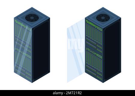 Isometric servers. Data storages. 3D computer equipment. Storage database. Equipment server network. Big data illustration Stock Vector