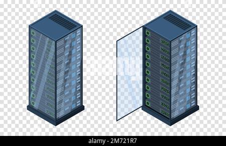 Isometric servers. Data storages. 3D computer equipment. Storage database. Equipment server network. Big data illustration Stock Vector